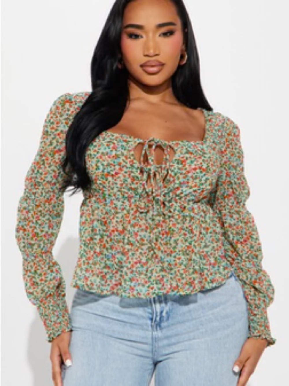 Fashion Nova Green Multi Floral Tie-Front Peasant Blouse